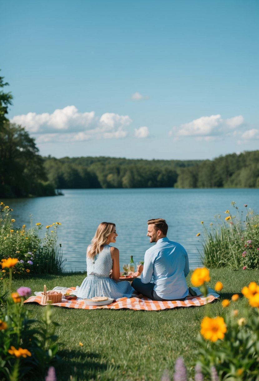 A couple picnicking by a serene lake, surrounded by lush greenery and colorful flowers, with a clear blue sky overhead