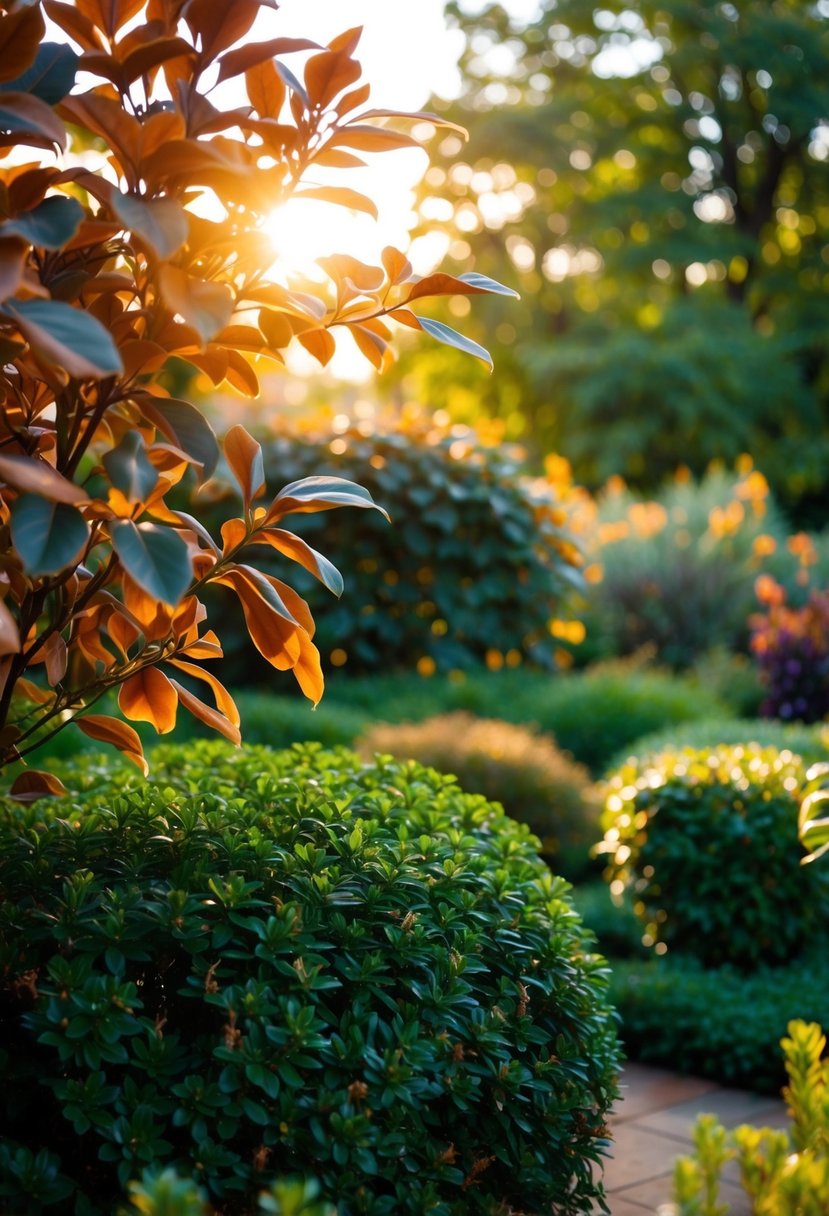 A lush emerald green garden with burnt orange accents, warm sunlight filtering through the leaves, creating a cozy and inviting atmosphere