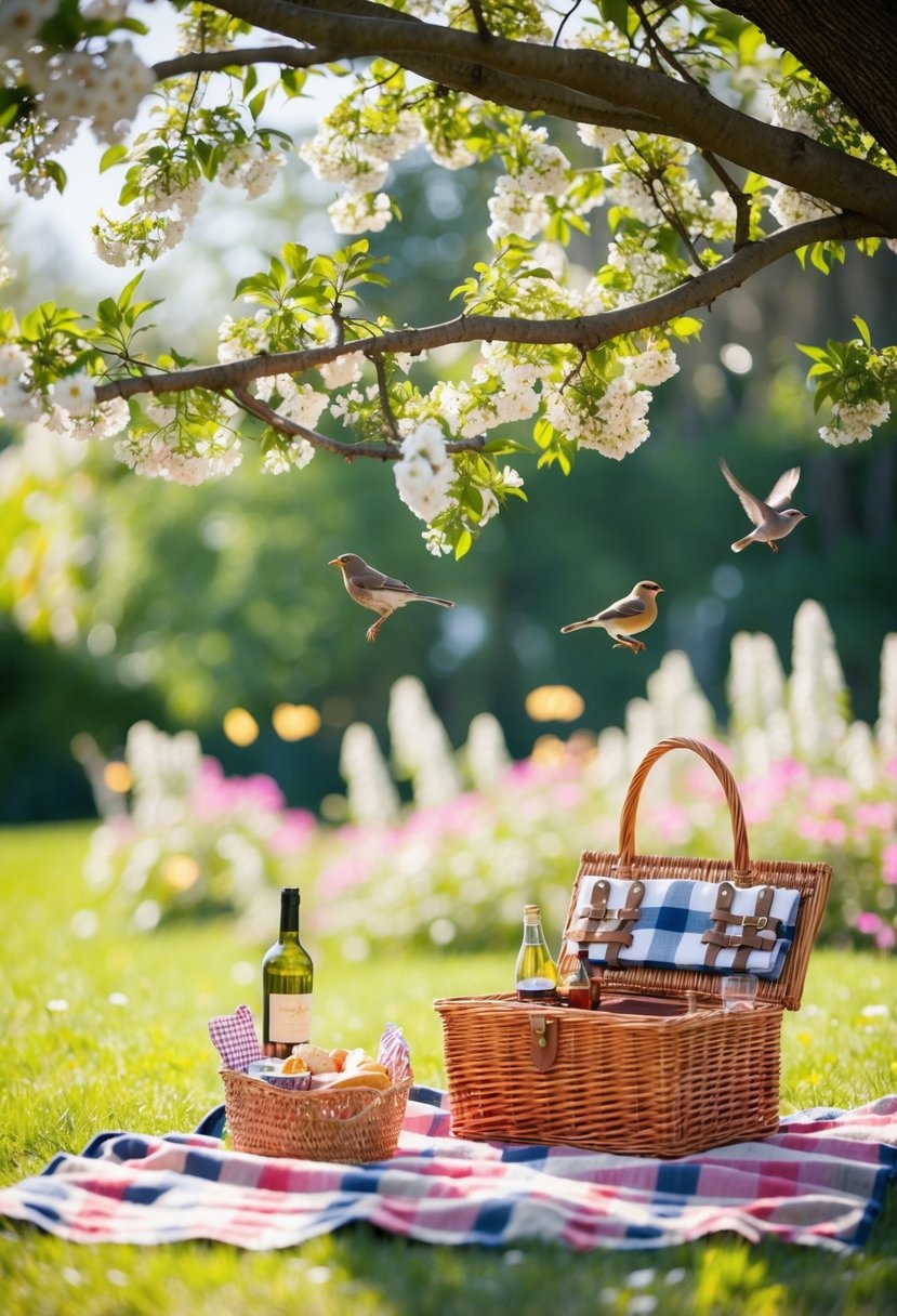 A cozy picnic blanket laid out under a shady tree, surrounded by blooming flowers and chirping birds. A wicker basket filled with delicious treats and a bottle of wine completes the romantic scene