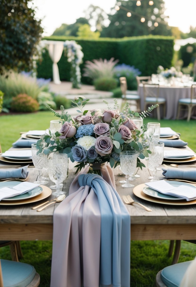 A serene garden wedding with mauve and dusty blue flowers, flowing fabrics, and elegant table settings