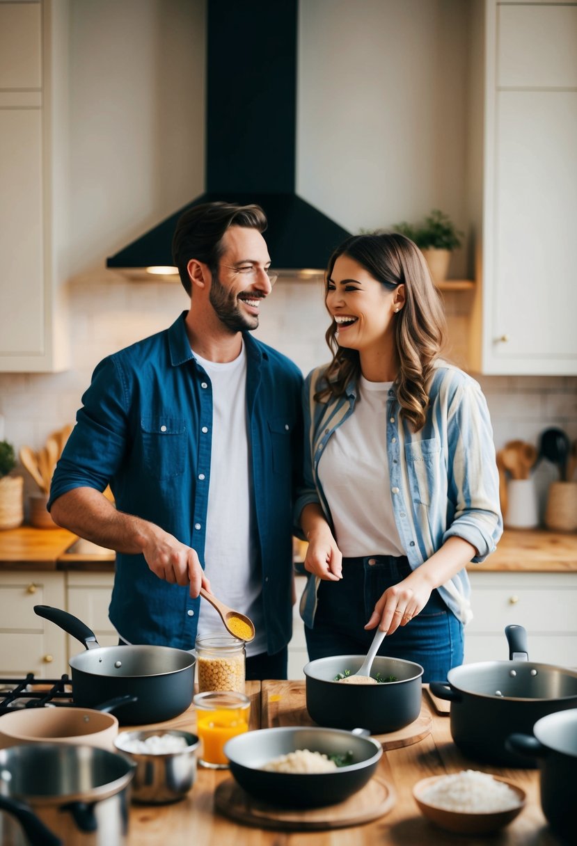 A couple stands side by side in a cozy kitchen, surrounded by pots, pans, and ingredients. They laugh as they attempt to follow a new recipe together