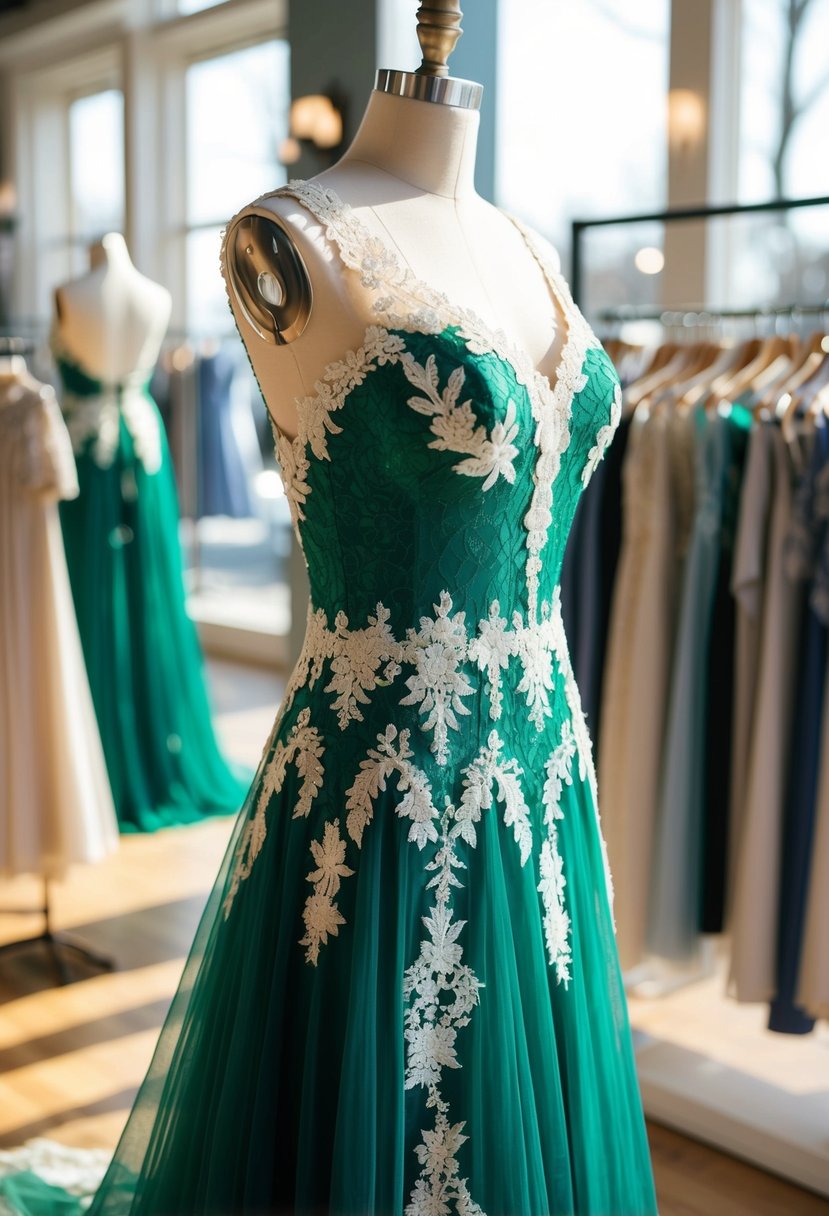 An emerald green and ivory lace vintage wedding dress displayed on a mannequin in a sunlit boutique