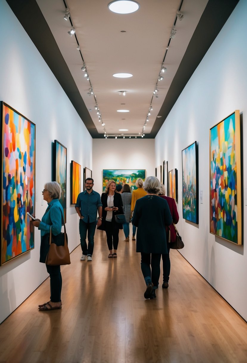 Colorful paintings and sculptures fill the spacious gallery, with soft lighting highlighting each piece. Visitors stroll through, admiring the artwork and discussing their favorites