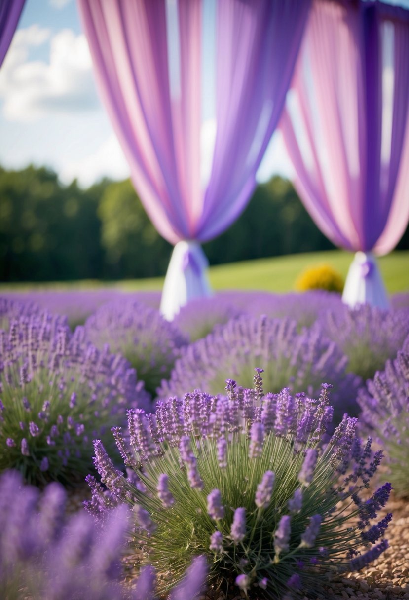 A beautiful lavender field with pastel pink flowers, set against a backdrop of purple wedding decor