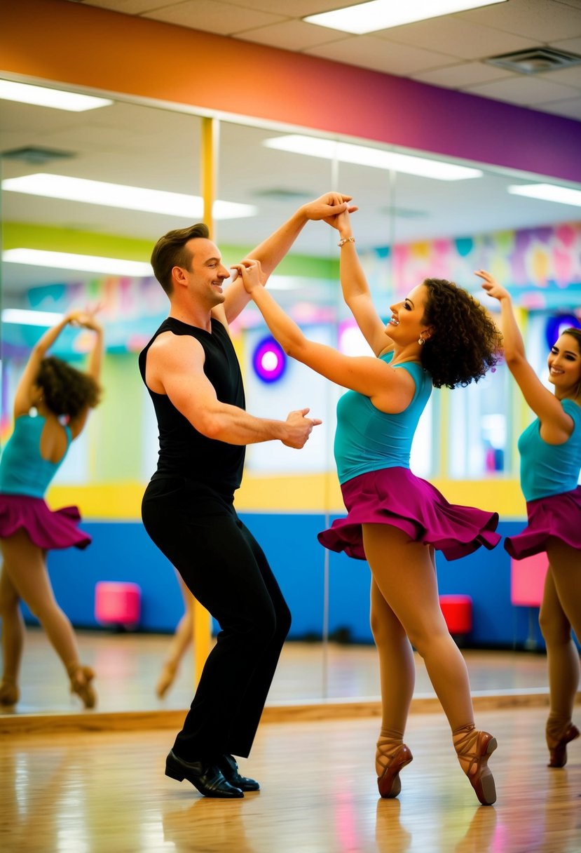 A couple twirls and leaps in a vibrant dance studio, surrounded by mirrors and colorful decor. The instructor guides them through lively choreography