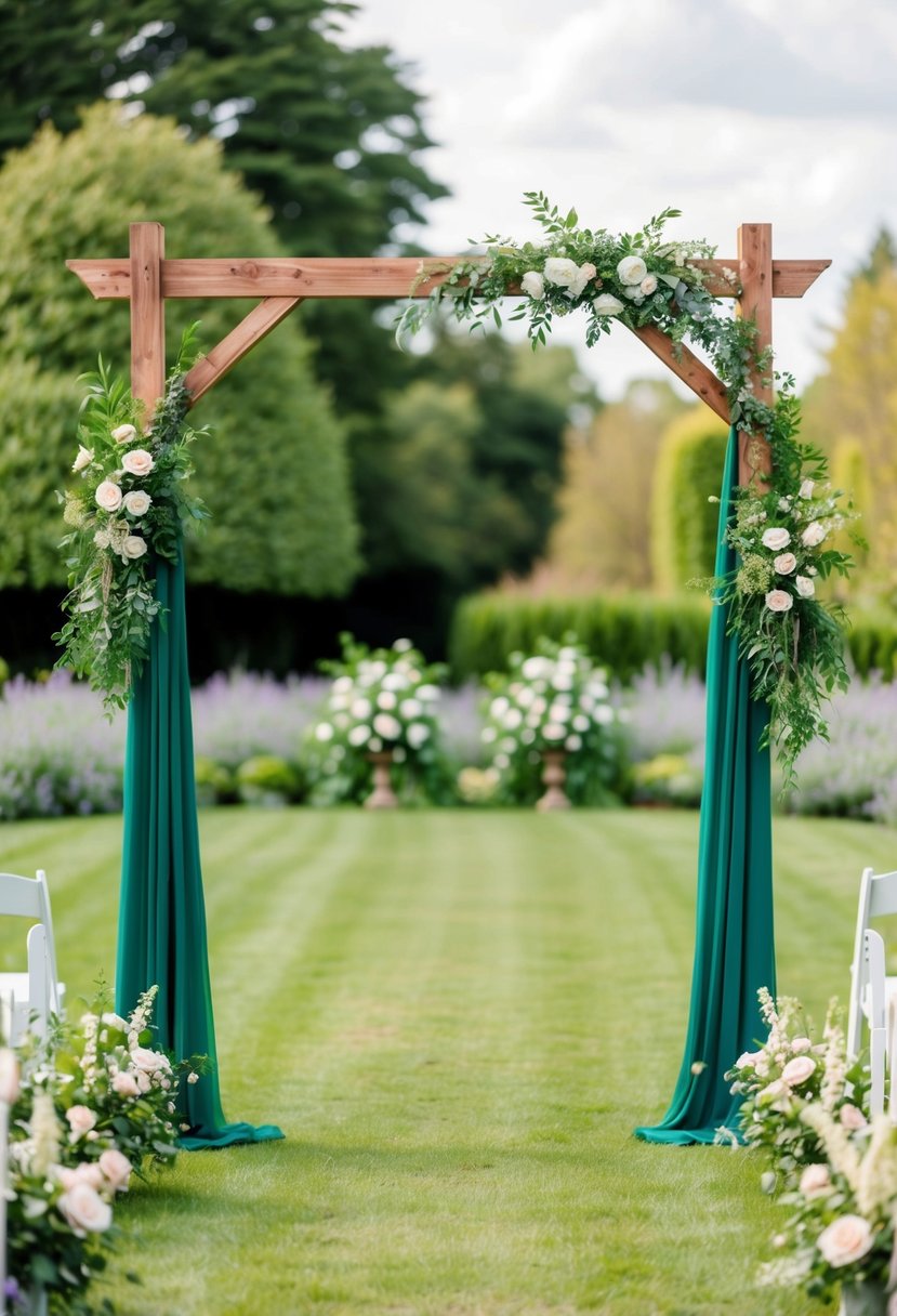 An emerald green wedding arch adorned with rustic wood accents stands in a lush garden setting, surrounded by elegant greenery and blooming flowers