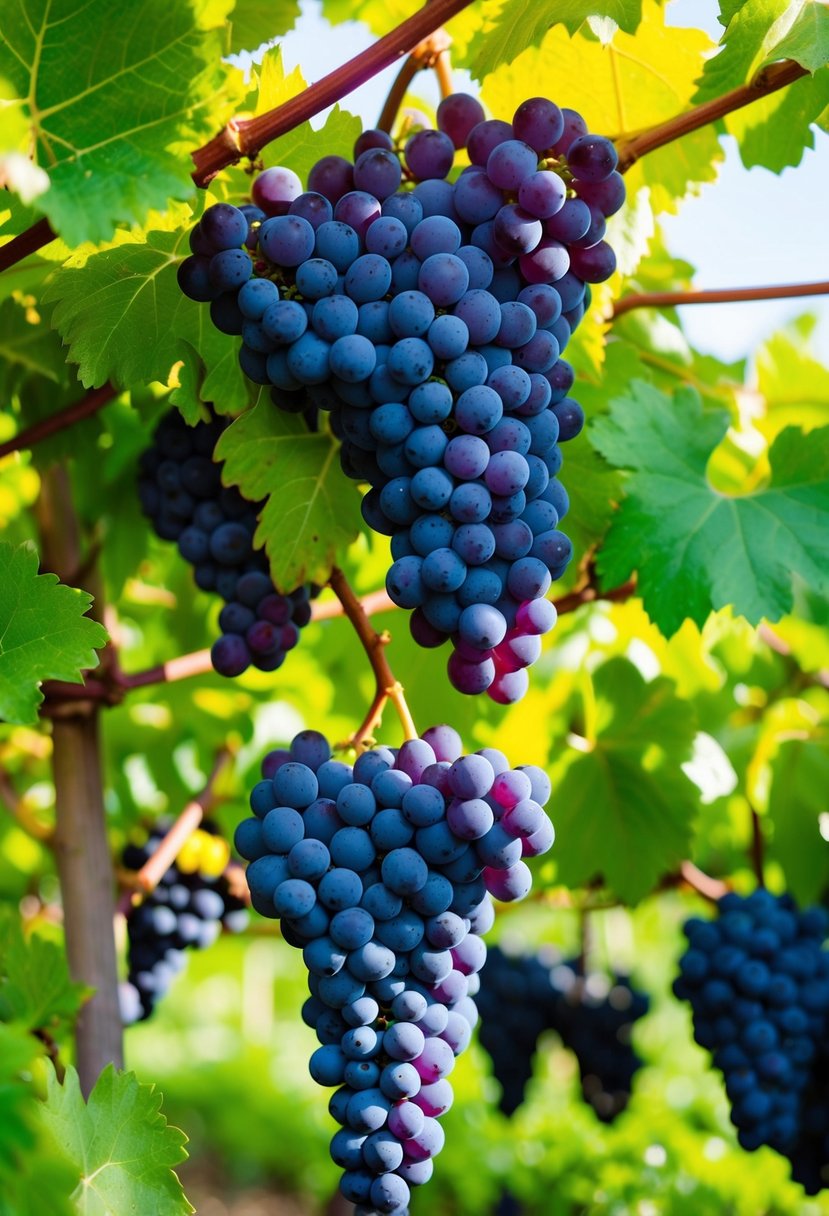 A lush vineyard with vibrant purple grapes hanging from the vines, surrounded by lush greenery and fresh foliage