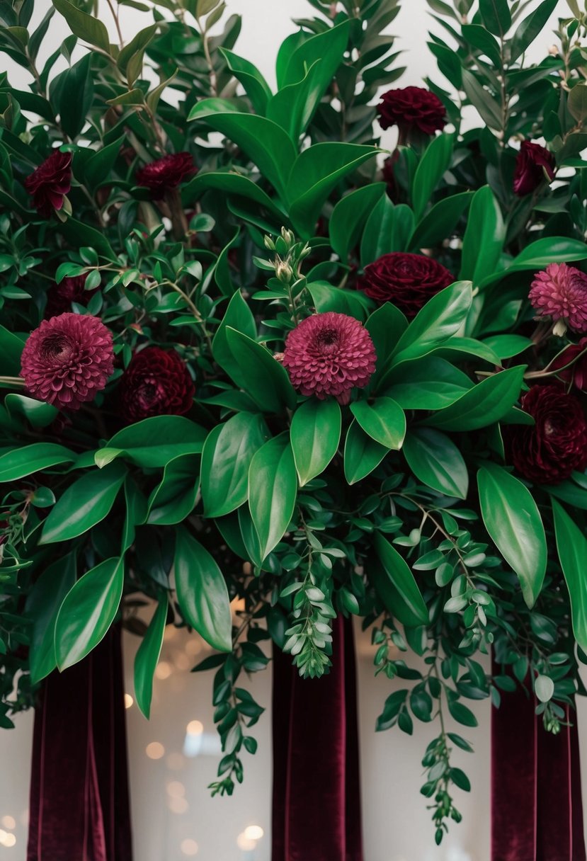 Lush emerald green foliage against a backdrop of deep burgundy flowers and velvet ribbons