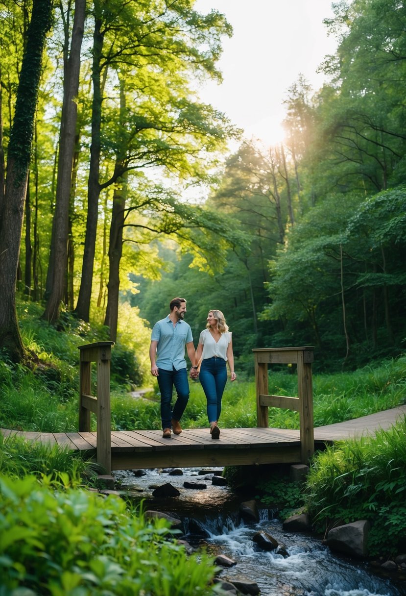 A couple hikes through a lush forest, crossing a wooden bridge over a babbling stream with sunlight filtering through the trees