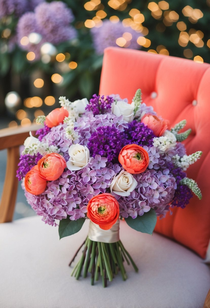 A blooming lilac and coral purple wedding bouquet