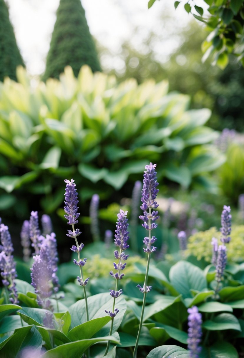 A serene garden with emerald green foliage and delicate lavender flowers