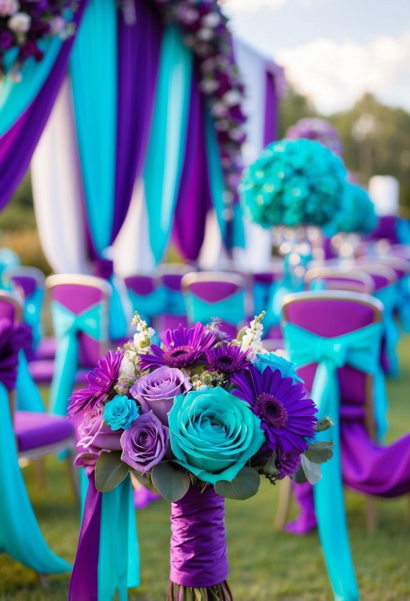 A vibrant purple and teal wedding scene with amethyst and teal decorations, flowers, and accents, creating a gorgeous, colorful atmosphere