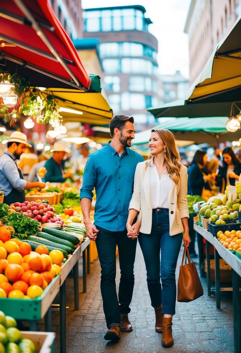 A bustling farmer's market with colorful produce, artisanal goods, and lively vendors. Couples stroll hand-in-hand, sampling fresh fruits and enjoying the vibrant atmosphere