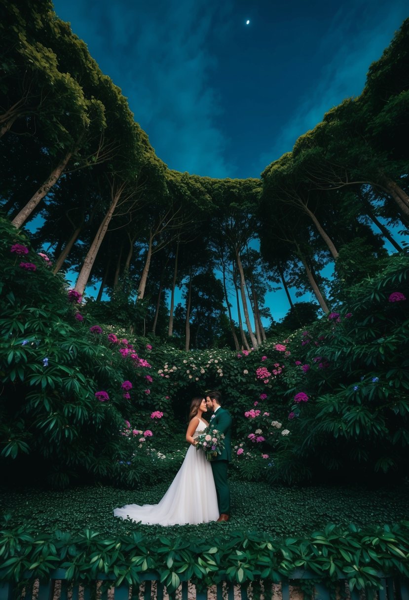 A lush emerald green forest under a midnight blue sky, with jewel-toned flowers and foliage creating a rich, romantic atmosphere