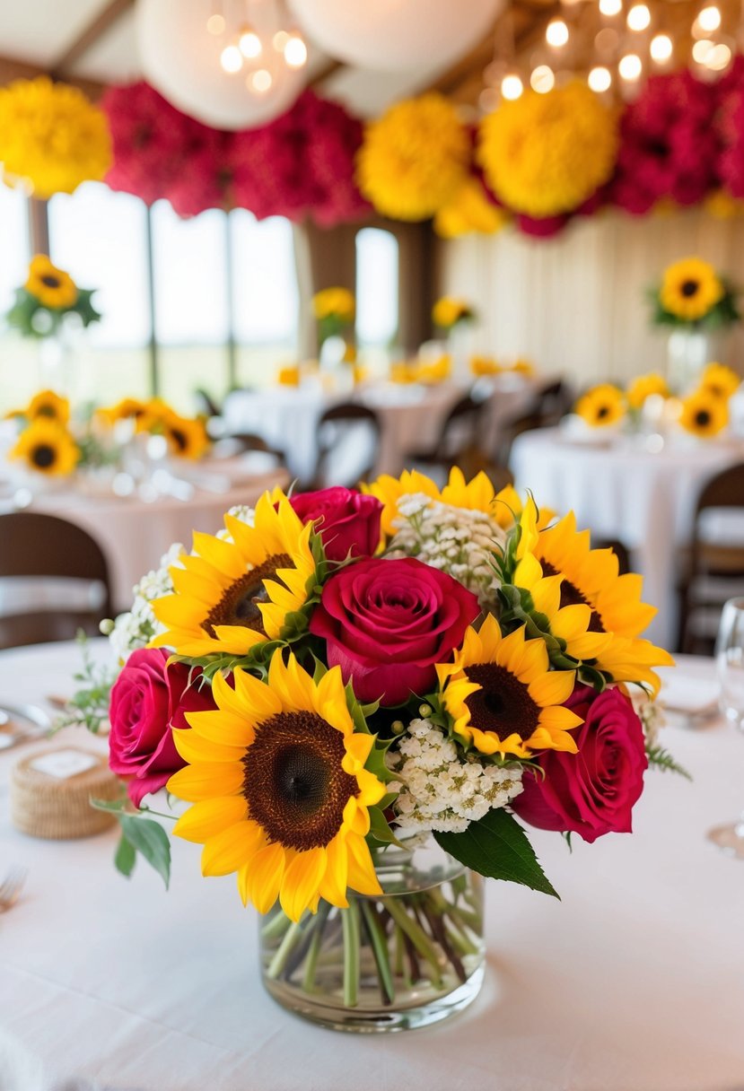 A vibrant raspberry and sunflower color palette fills a wedding venue with joyful and gorgeous inspiration