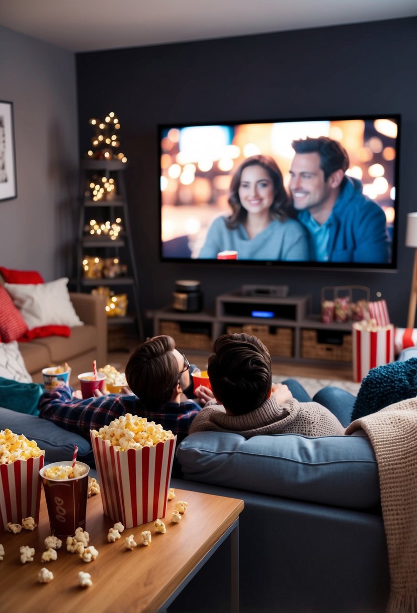 A cozy living room with a big screen TV, blankets, and pillows. A table with themed snacks like popcorn, candy, and soda. A couple cuddled up on the couch, enjoying the movie