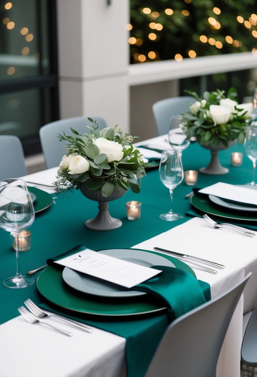 A sleek emerald green wedding table setting with modern gray accents and minimalist decor