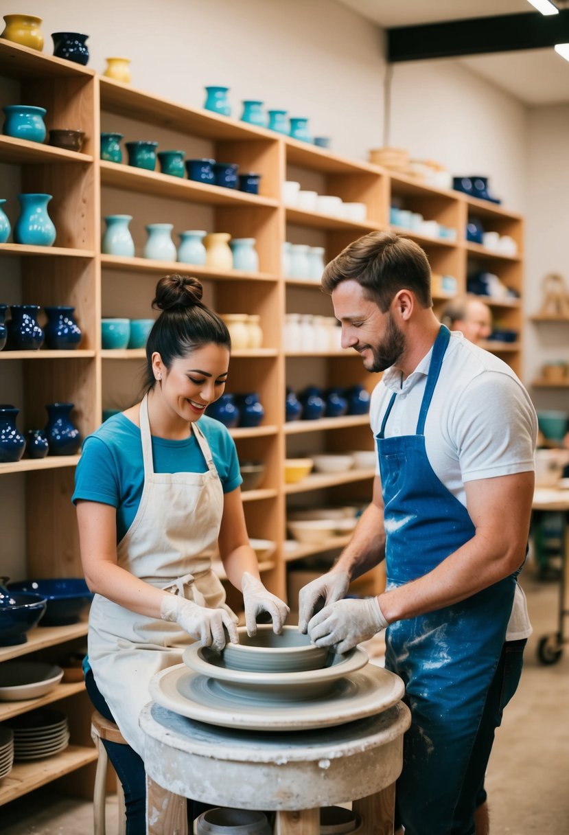 A couple sits at a pottery wheel, shaping clay together as an instructor guides them. Shelves of colorful glazes and finished pieces line the walls of the studio