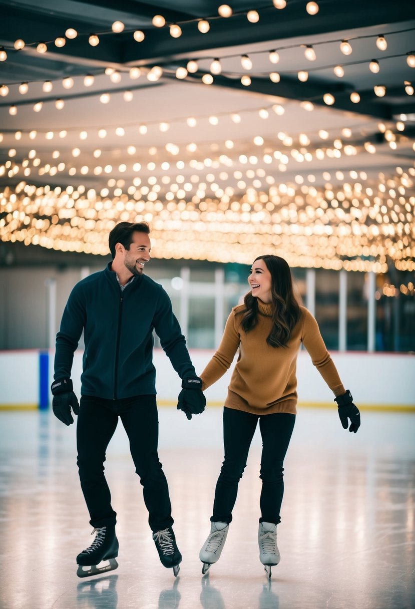 A couple glides across the smooth ice, holding hands and laughing as they skate together under the twinkling lights of the rink