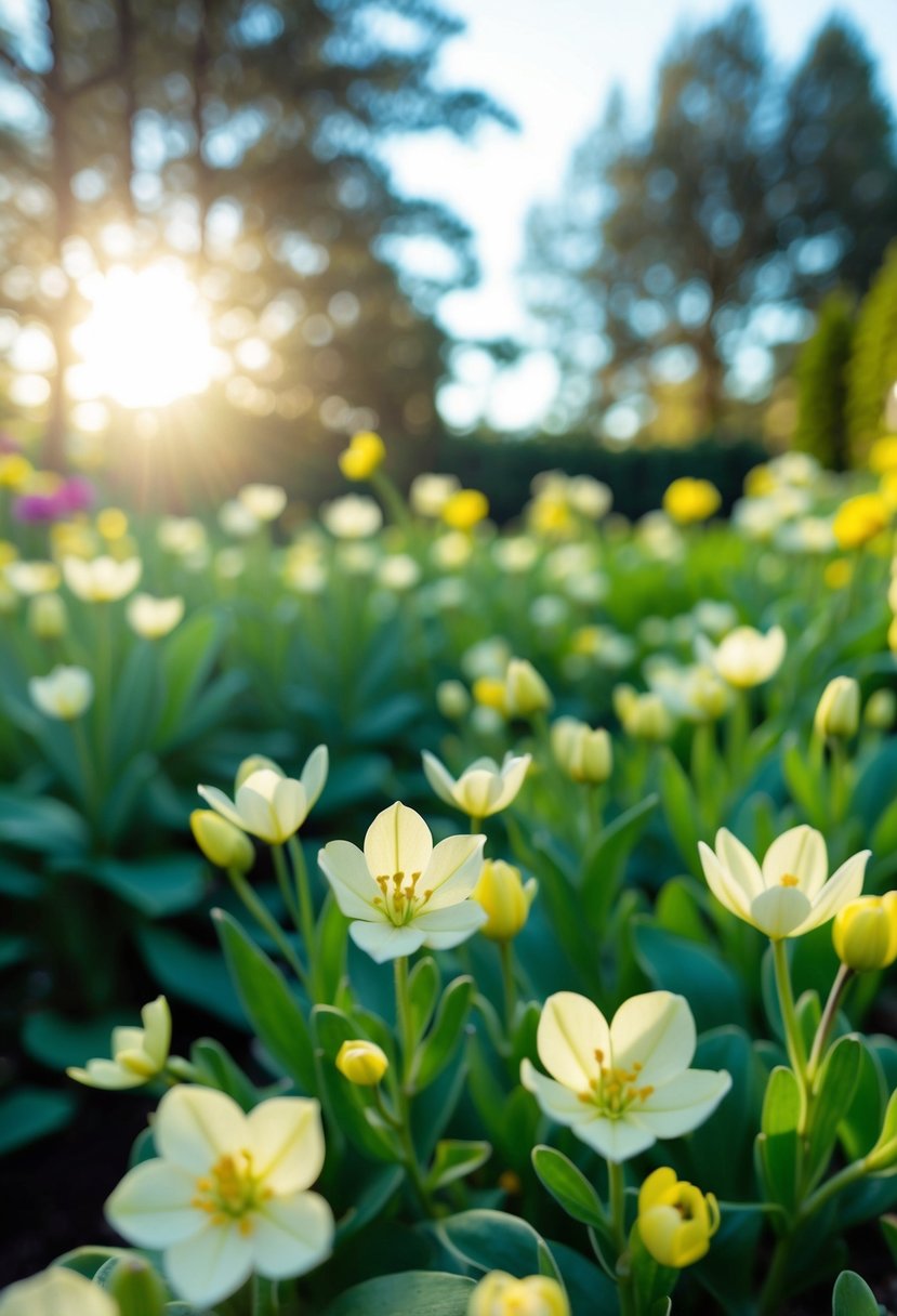 A lush emerald green garden with delicate pale yellow flowers blooming under a bright spring sun