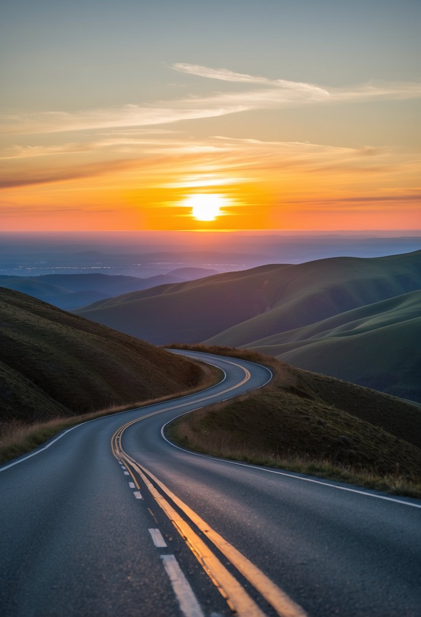 A winding road leads through rolling hills to a lookout point with a panoramic view of the setting sun over the horizon