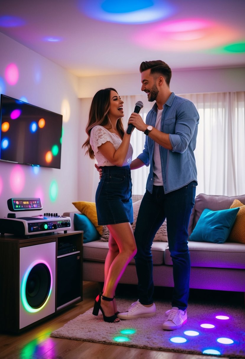 A cozy living room with a karaoke machine, colorful disco lights, and a couple singing and dancing together