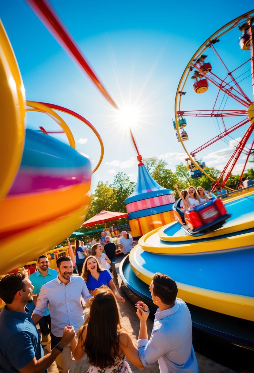 Colorful rides spin and twirl under a bright sun, surrounded by excited couples enjoying a day of fun at the amusement park