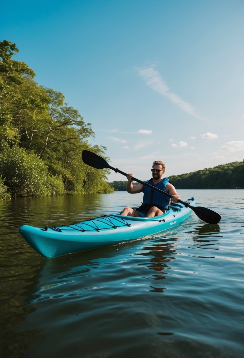 A couple paddles a kayak through calm waters, surrounded by lush greenery and a clear blue sky