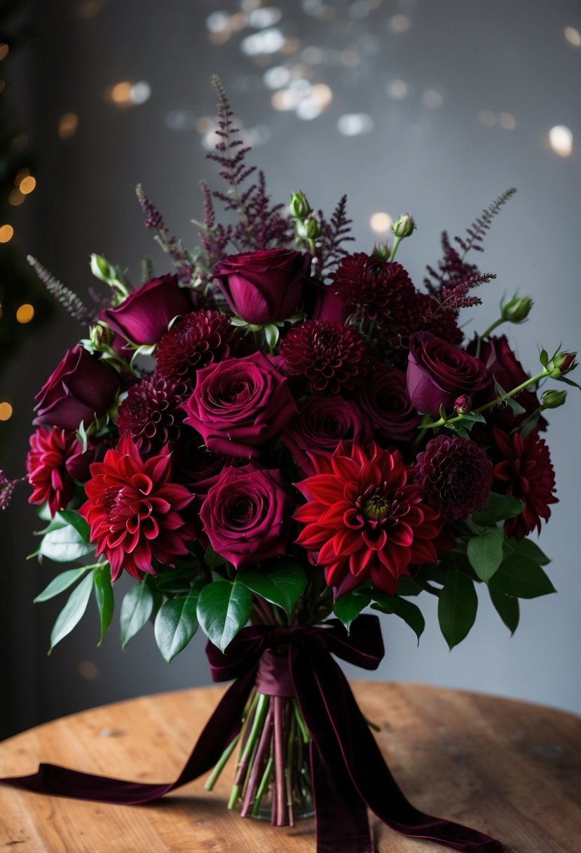 A lush bouquet of deep cabernet red roses and rich burgundy dahlias, accented with dark greenery and tied with a velvet ribbon