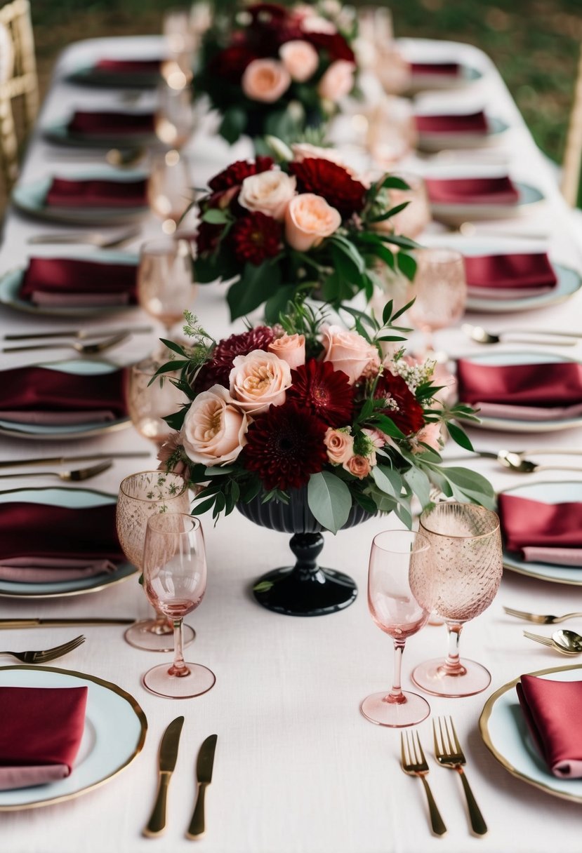 A table set with cabernet red and blush pink floral centerpieces, surrounded by matching linens and glassware