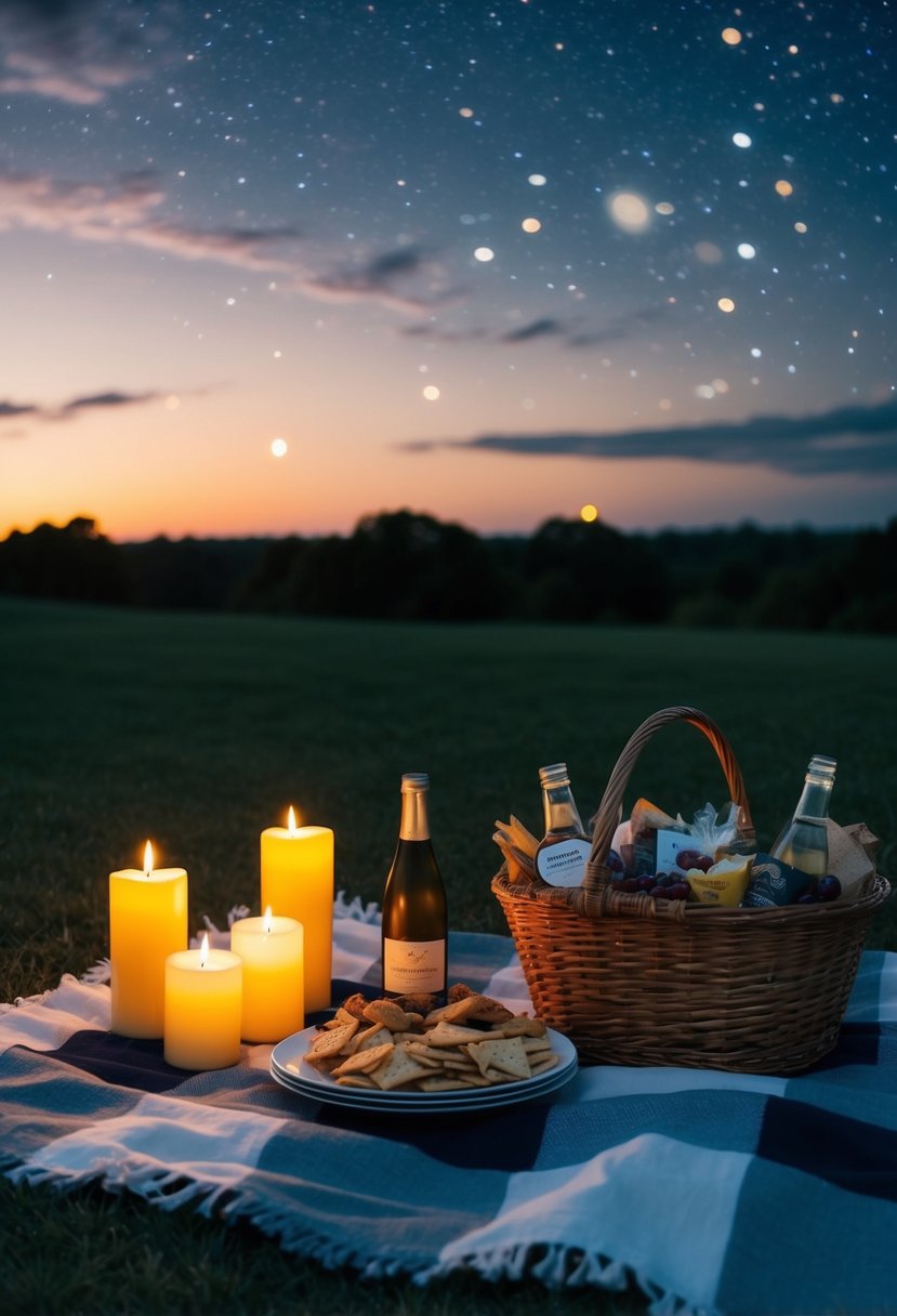 A picnic blanket laid out under a starry sky, surrounded by flickering candles and a basket of gourmet snacks and drinks