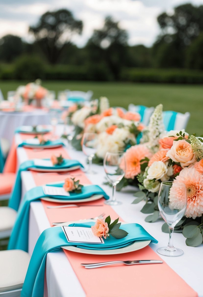 A wedding table set with coral and aqua linens, floral centerpieces, and matching place settings