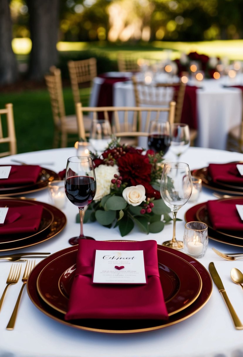 A rich cabernet red wedding table setting with elegant gold accents