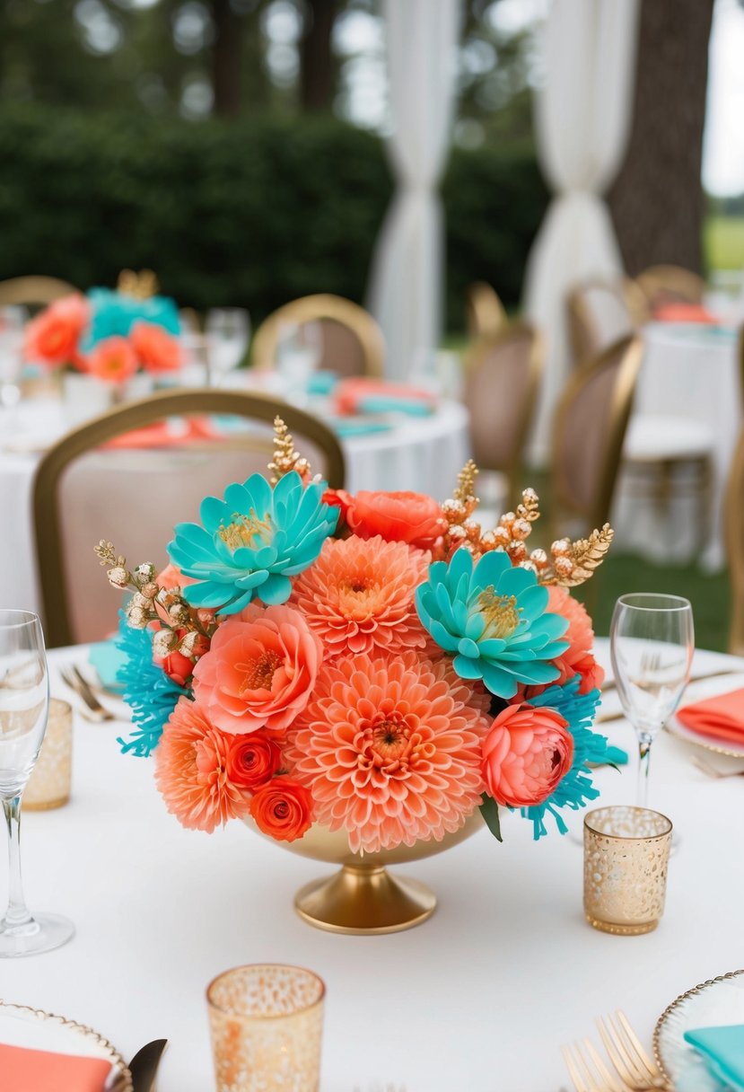 Coral and aqua flowers arranged with gold accents on a wedding table