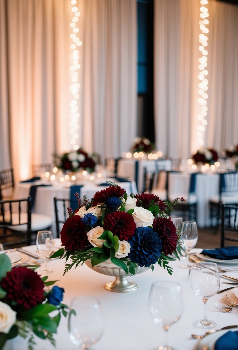 A wedding table adorned with deep cabernet red and navy blue floral centerpieces, set against a backdrop of elegant drapery and twinkling lights