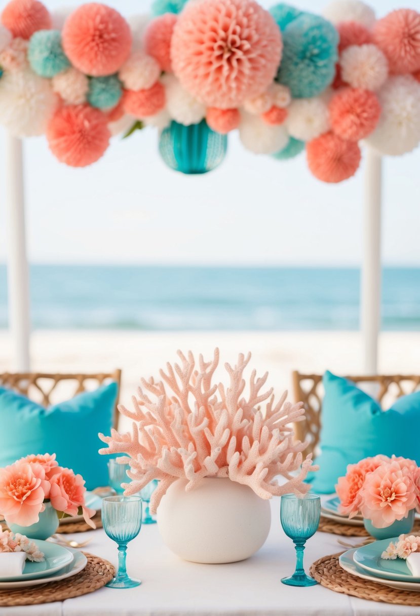 A serene beach setting with coral and aqua accents, highlighted by soft blush flowers and decor