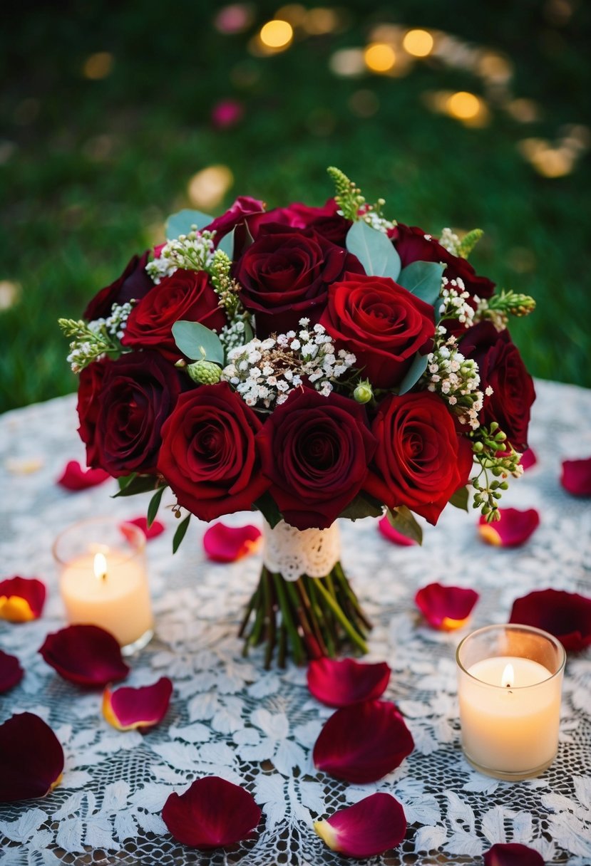 A rich cabernet red bridal bouquet sits on a lace-covered table, surrounded by scattered rose petals and flickering candlelight