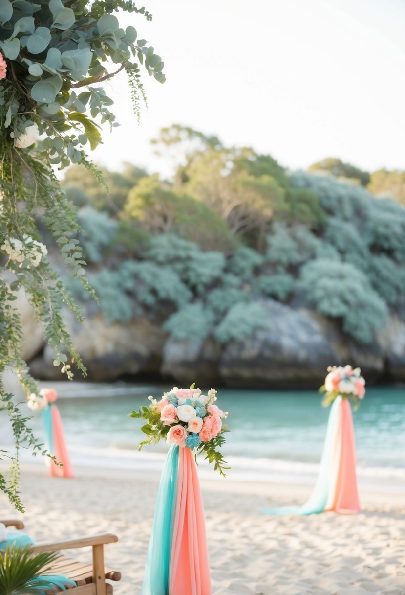 A serene beach wedding with coral and aqua accents, set against a backdrop of sage-colored foliage and natural elements