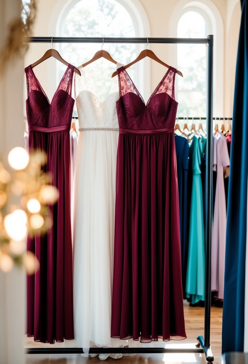 Cabernet red bridesmaids dresses hanging on a clothing rack in a sunlit bridal boutique