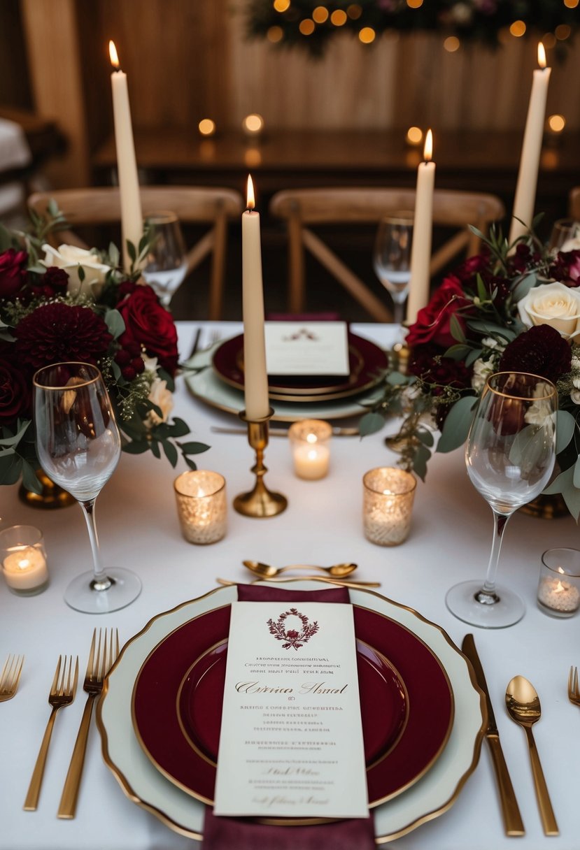 A table set with cabernet red and ivory wedding invitations, surrounded by floral arrangements and candles