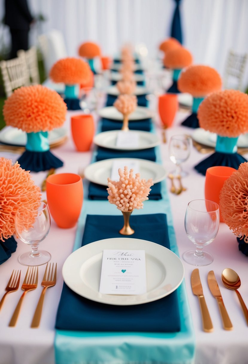 A coral and aqua wedding table setting with navy accents