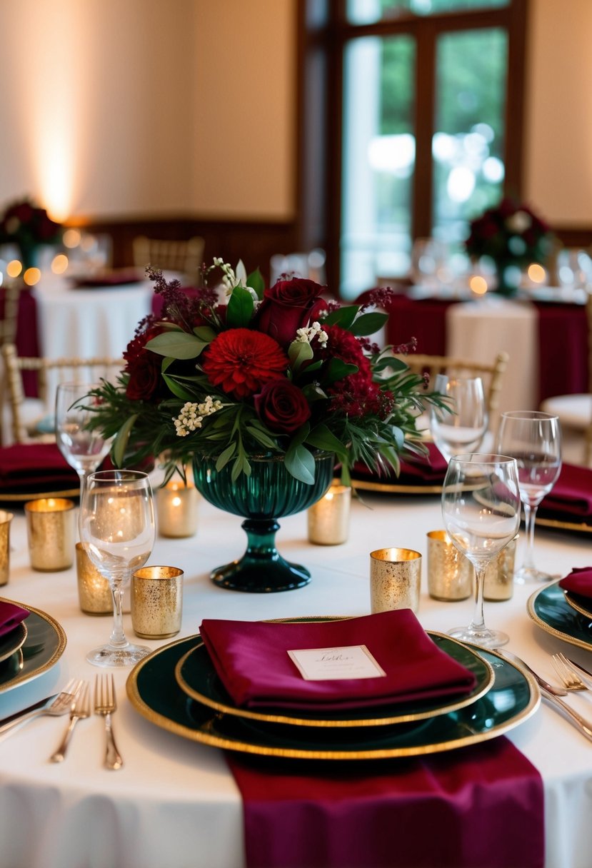 A table adorned with deep red and dark green centerpieces, creating an elegant and romantic ambiance for a wedding celebration