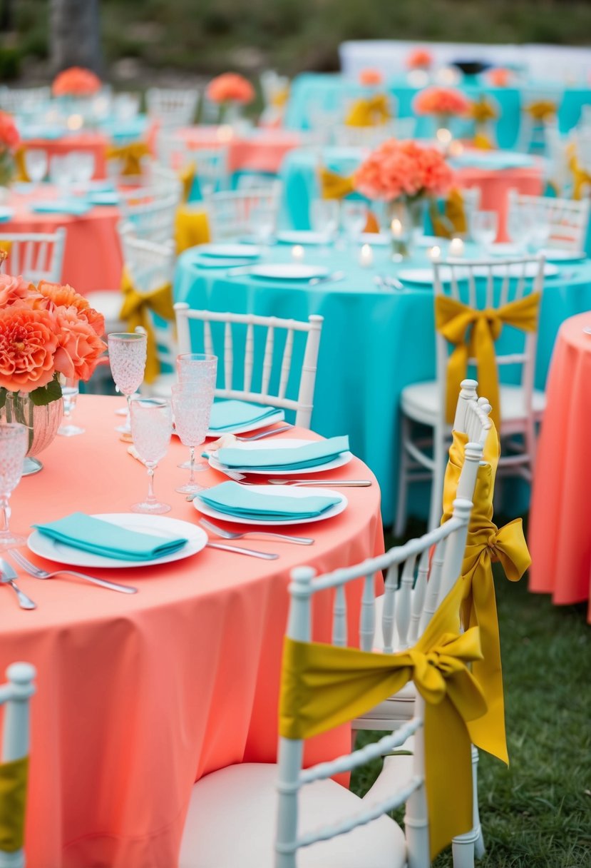 A coral and aqua wedding scene with mustard accents: coral flowers, aqua tablecloths, and mustard ribbons tied around chairs