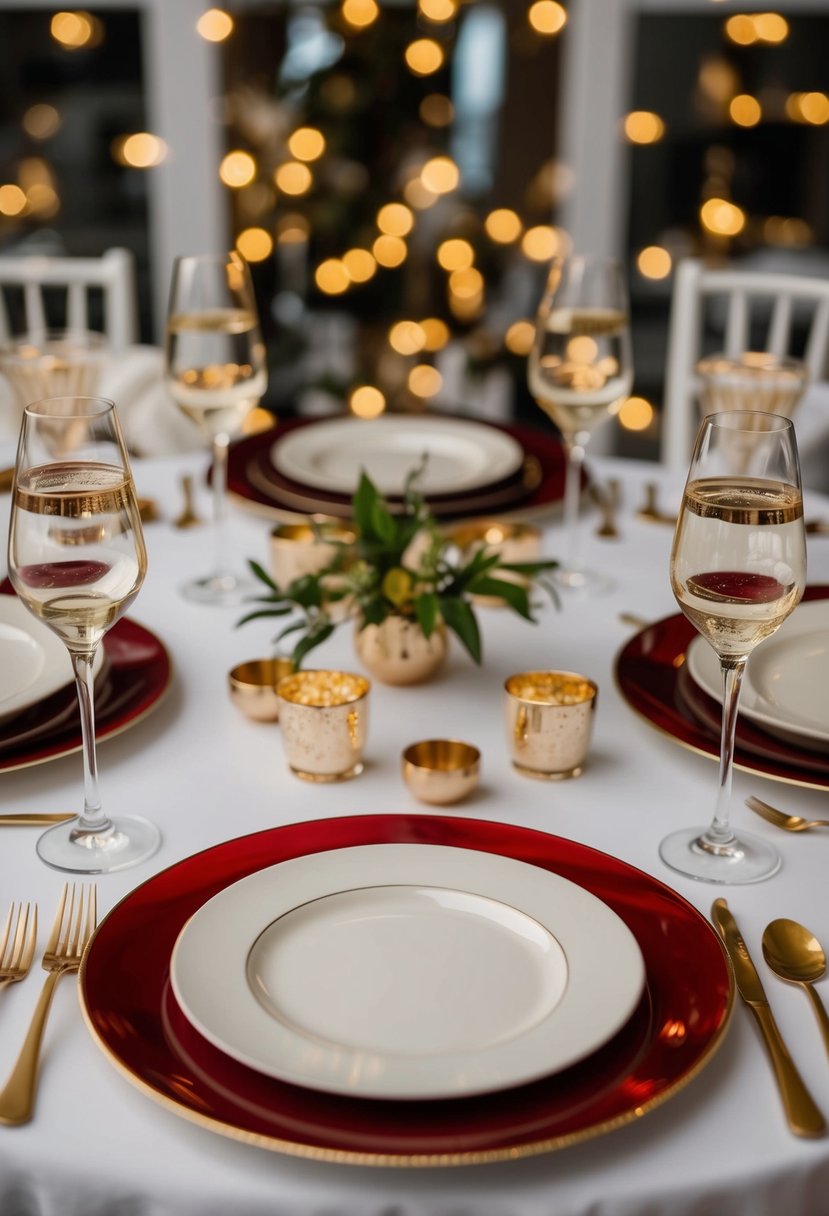 A table set with cabernet red and champagne colored dinnerware and decor