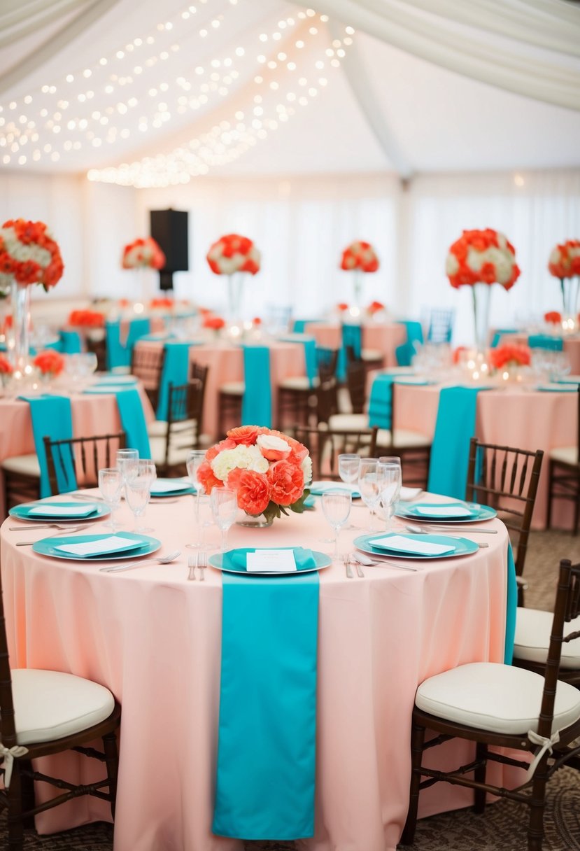 A coral and aqua wedding table setting with ivory linens and floral centerpieces