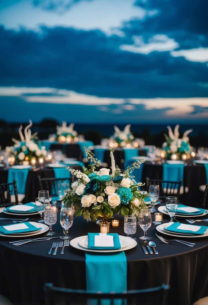 A teal blue and black wedding scene with elegant floral arrangements, sleek table settings, and a stunning backdrop of a night sky