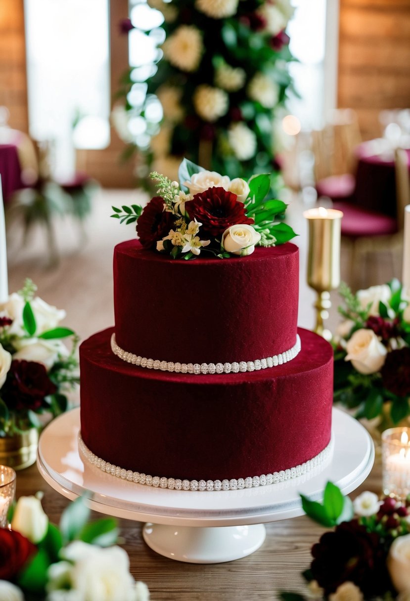 A rich, cabernet red velvet cake surrounded by coordinating wedding decor and flowers