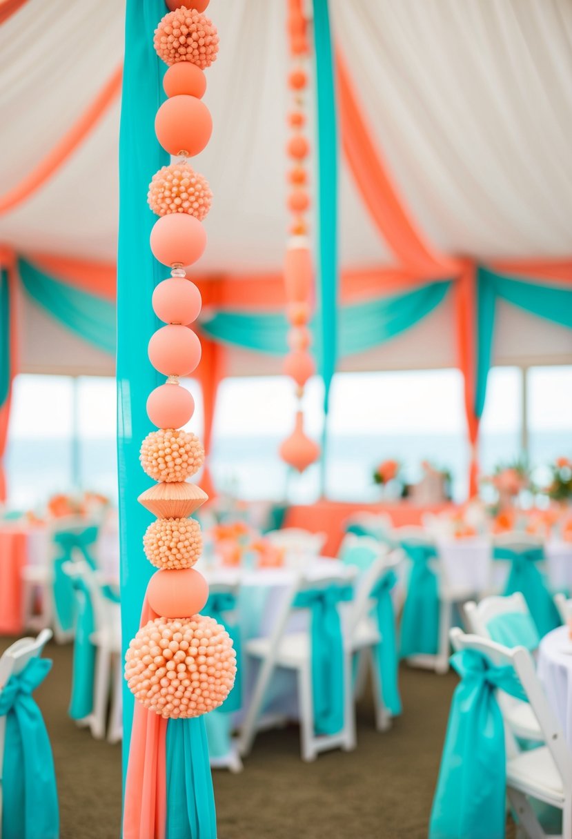 A coral and aqua wedding scene with teal elements adding a pop of color to the decor