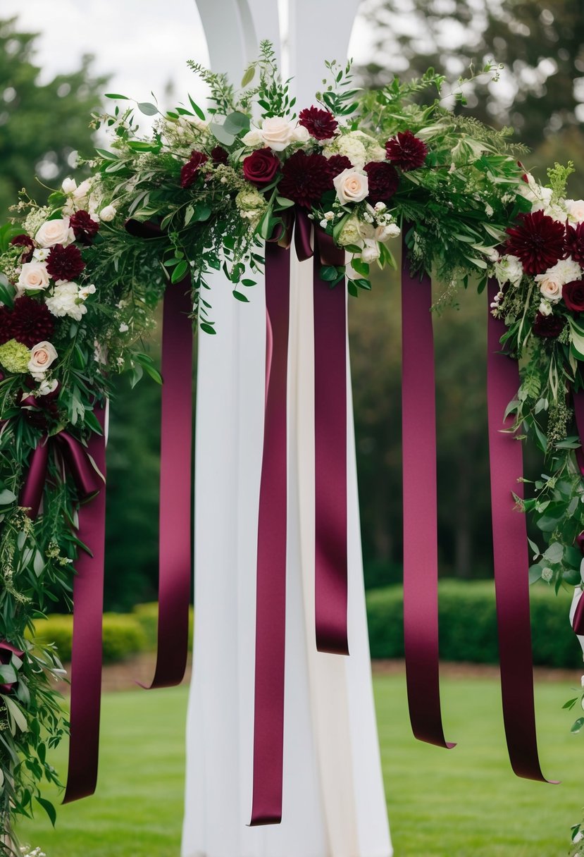 Rich cabernet red silk ribbons cascading down a wedding arch, intertwined with lush greenery and delicate floral accents