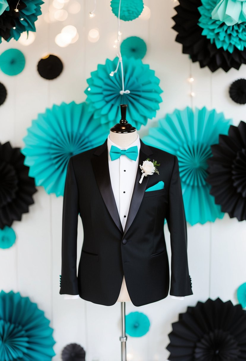 A teal and black tuxedo surrounded by teal blue and black wedding decor